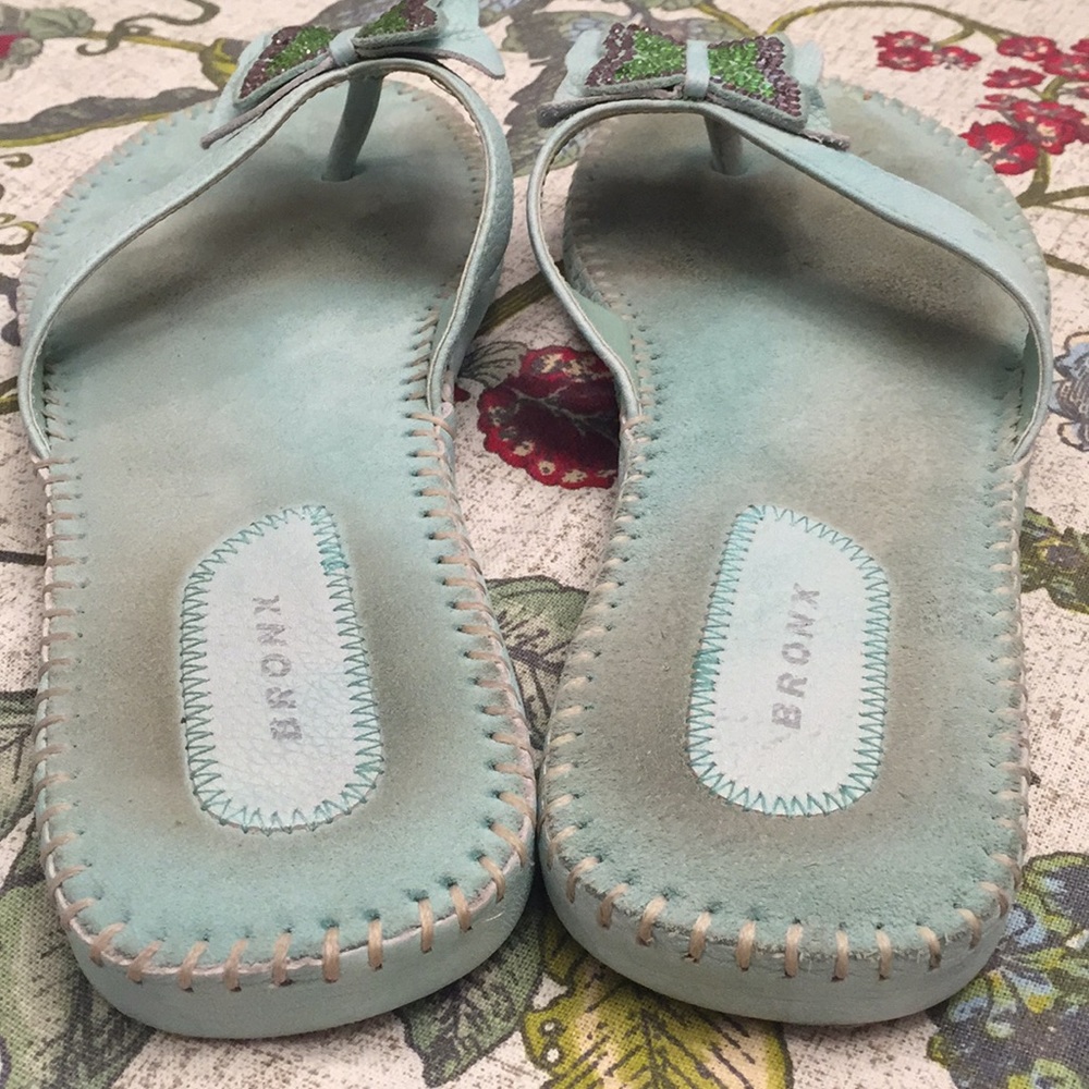 Mint Leather Rhinestone Butterfly Flip Flops - Picture 6 of 7